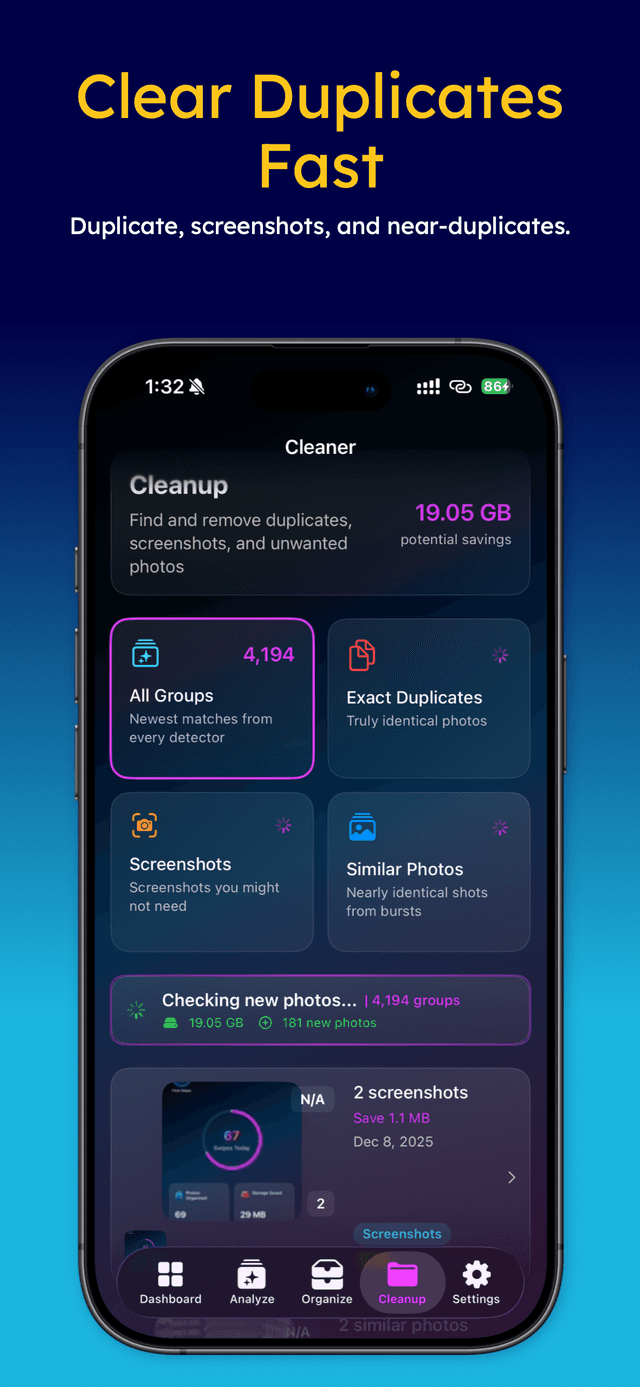 PickEpic cleanup screen for duplicates and screenshots