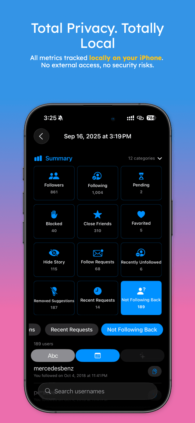 Summary view showing 12 categories processed locally on device