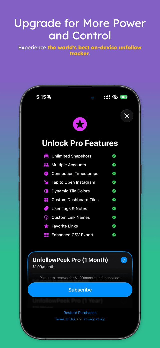 UnfollowPeek Pro upgrade screen